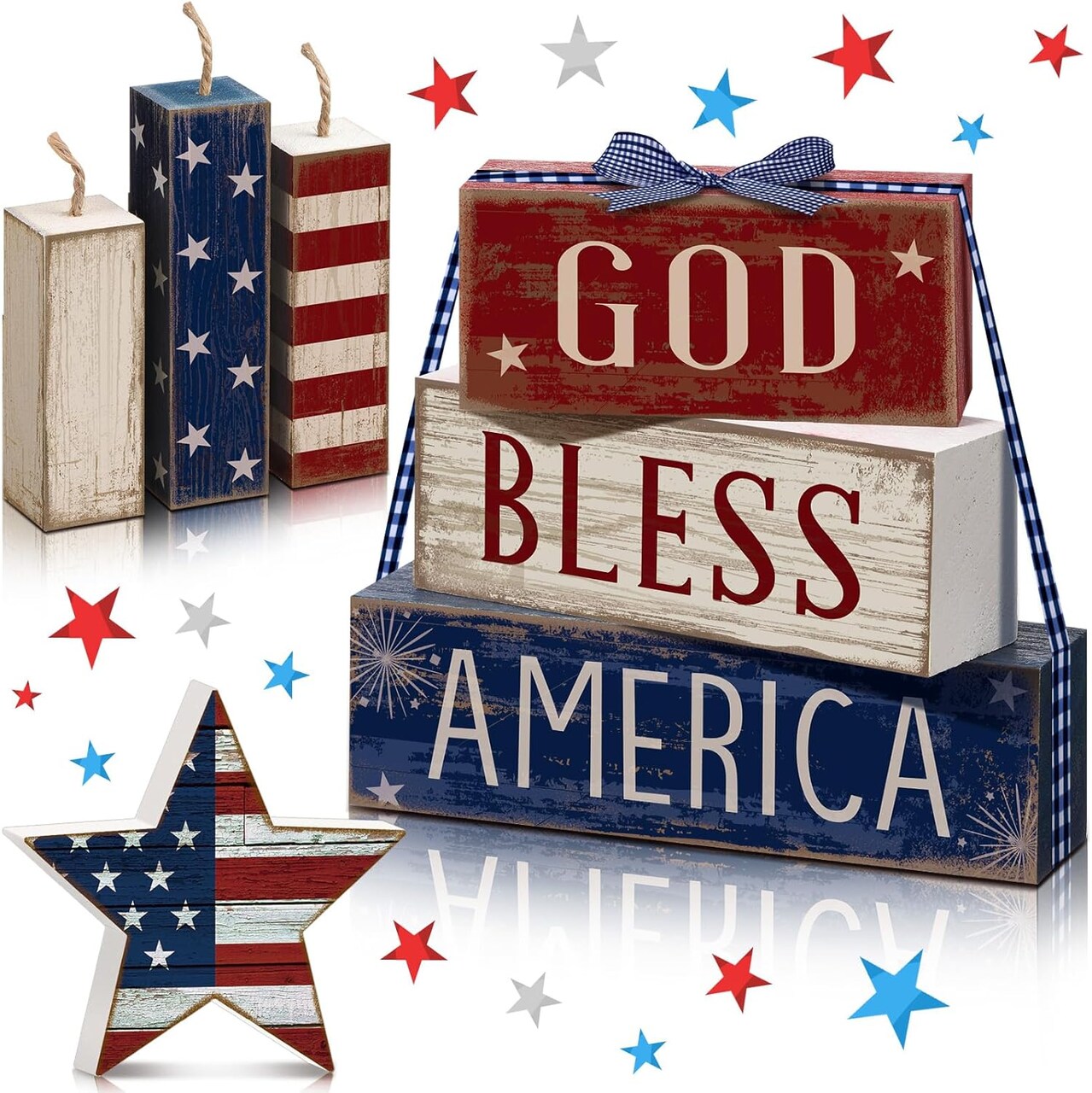 7-Piece 4th of July Table Decorations – Patriotic Red, White & Blue Wood Blocks with Bow, Tiered Tray & Home Centerpiece for Independence Day